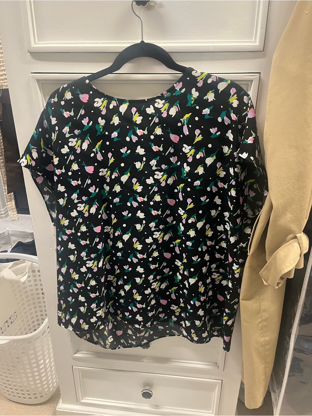 Black Floral Short-Sleeve Blouse with Pink, White & Green Accents